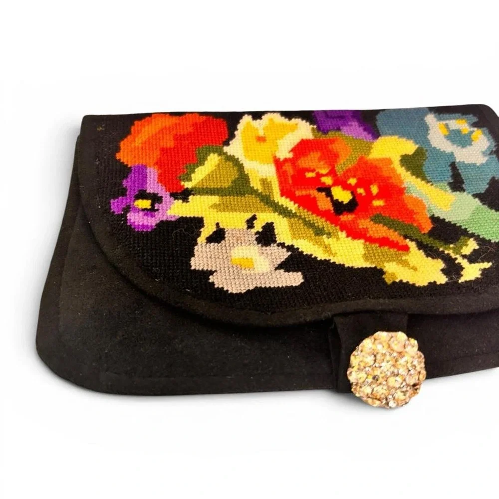 Vintage Bright Colorful Floral Needlepoint Rhinestone Clutch